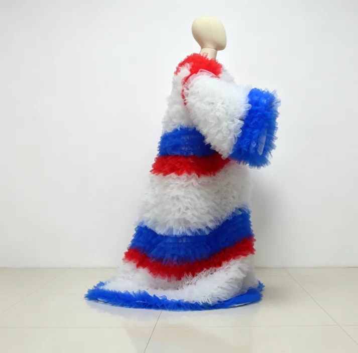 Colorful Ruffle Layered Cape Extra Puffy Tulle Robe Party Dresses Women Fashion Stage Coat Jackets Rainbow Long Jacket Any Color