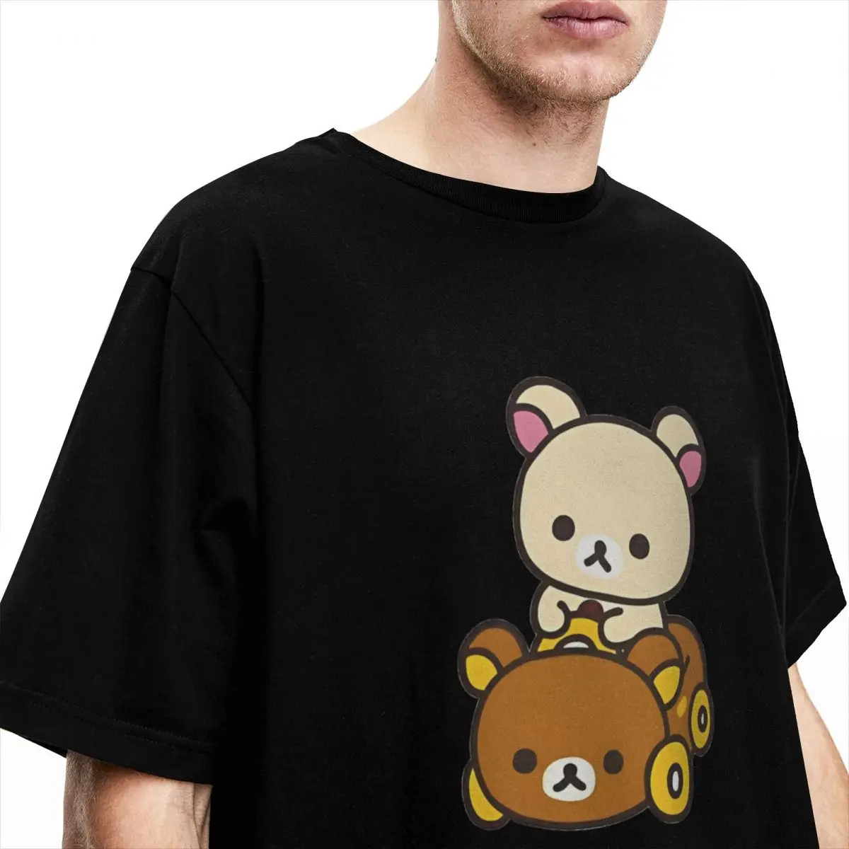 Men's Korilakkuma Driving A Rilakkuma Car T Shirts Kawaii Japan Pure Cotton Tops Vintage Short Sleeve O Neck Tee Shirt T-Shirt