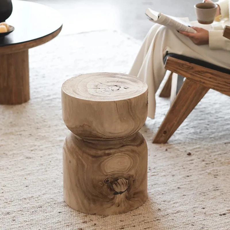 Japan Style Wooden Side Table for Living Room Handcraft Household Solid Wood Round Coffee Table Vintage Home Funiture