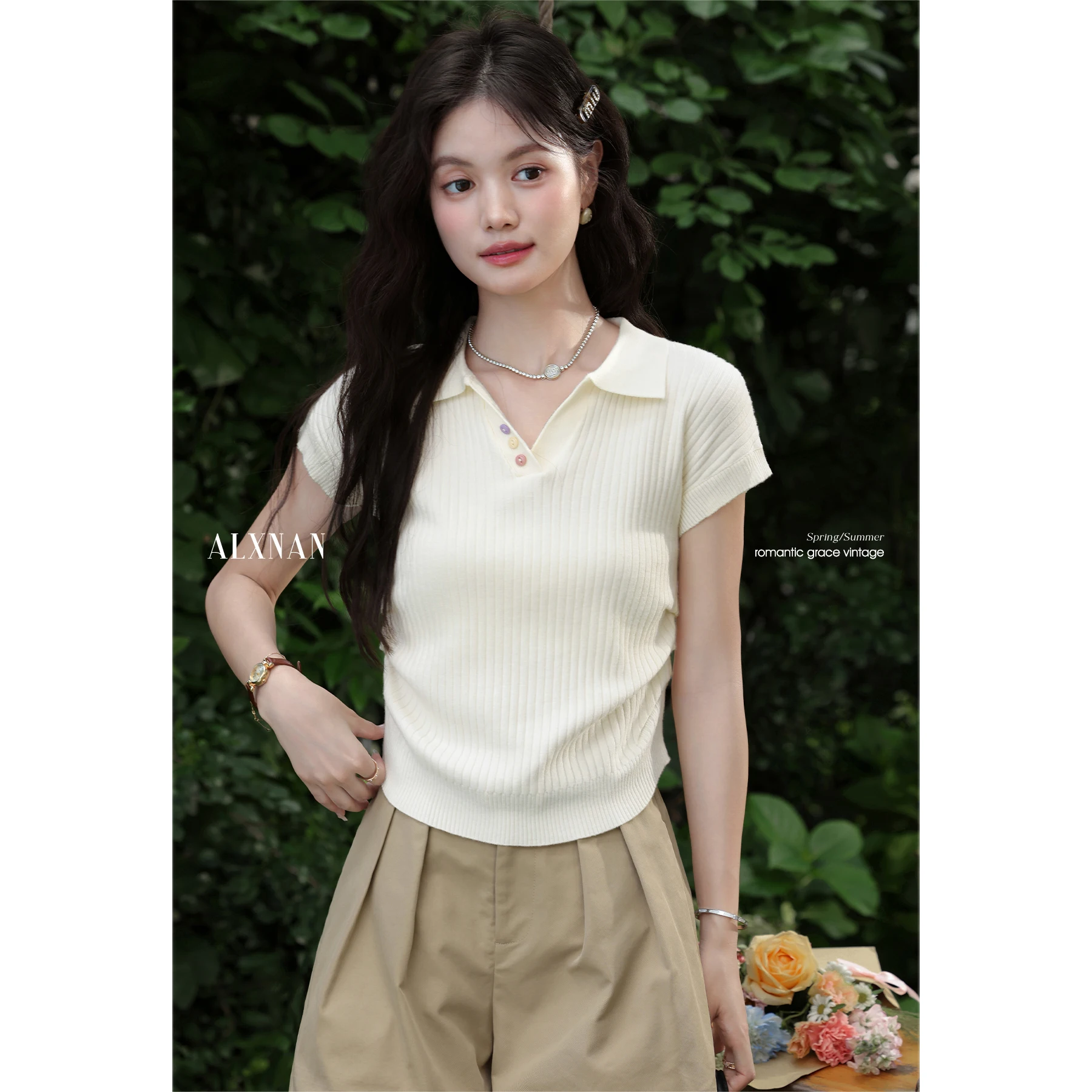 

ALXNAN Lapel Knitted T-shirt Women Apricot Short Sleeve Elegant Office Lady T-shirts 2025 Summer Loose-fit Tops Female L56365