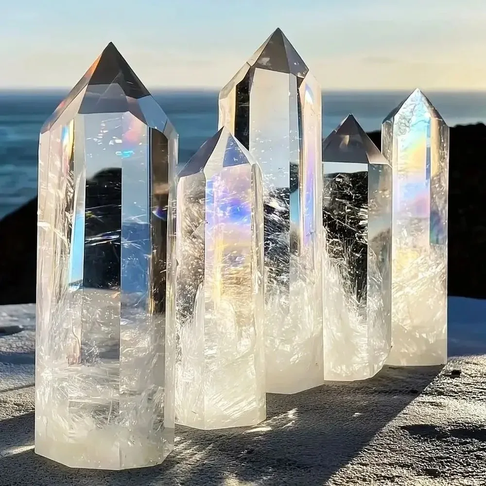 Clear White Quartz Hexagonal Obelisk Wand, Natural Healing Crystal Point Column for Home Altar Decor, Reiki Meditation