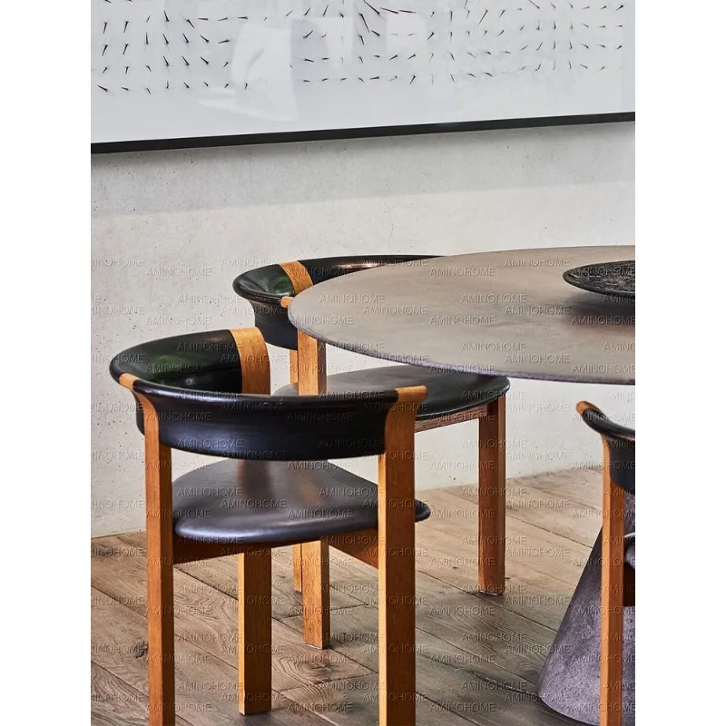 Medieval dining chair designer artistic sense solid wood desk backrest single chair, dining table black leather chair