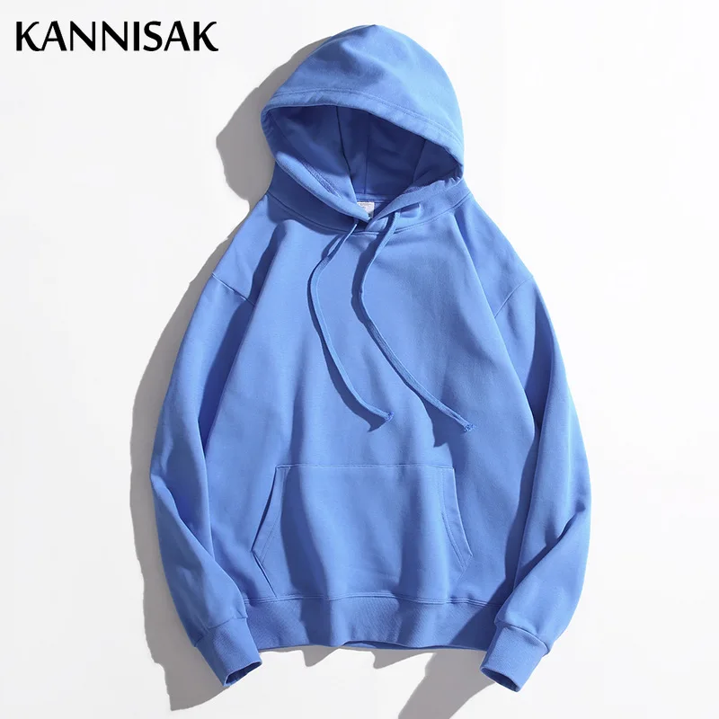 KANNISAK Oversize Mens and Womens Hoodies Spring Autumn 2022 Solid Loose 100% Cotton Harajuku Hodded Sweatshirt Couple Pullovers