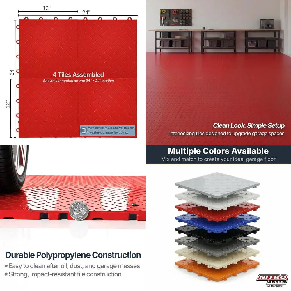 

12 x 12 Heavy-Duty Interlocking Garage Floor Tiles, Diamond Pattern Polypropylene Flooring, Non-Slip, Red, 12-Pack, 12 Sq/ft