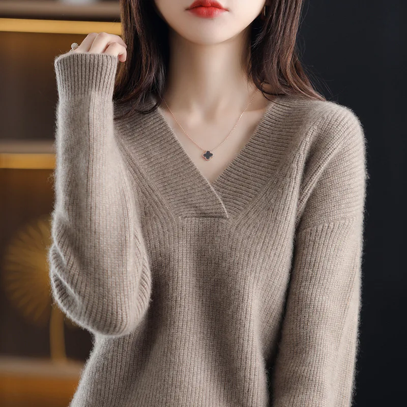 V-Neck Autumn Winter Sweater pullovers Women 2024 loose thick cashmere Sweater Pullover women oversize sweater