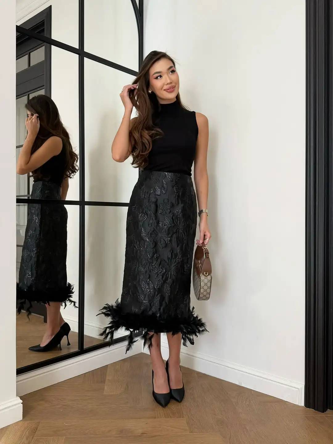 Women Gold Floral Sequin Midi Skirt High Waist Bodycon Slim Fit Pink Feather Hem Elegant Bottoms  Party Club Night Pencil Skirts