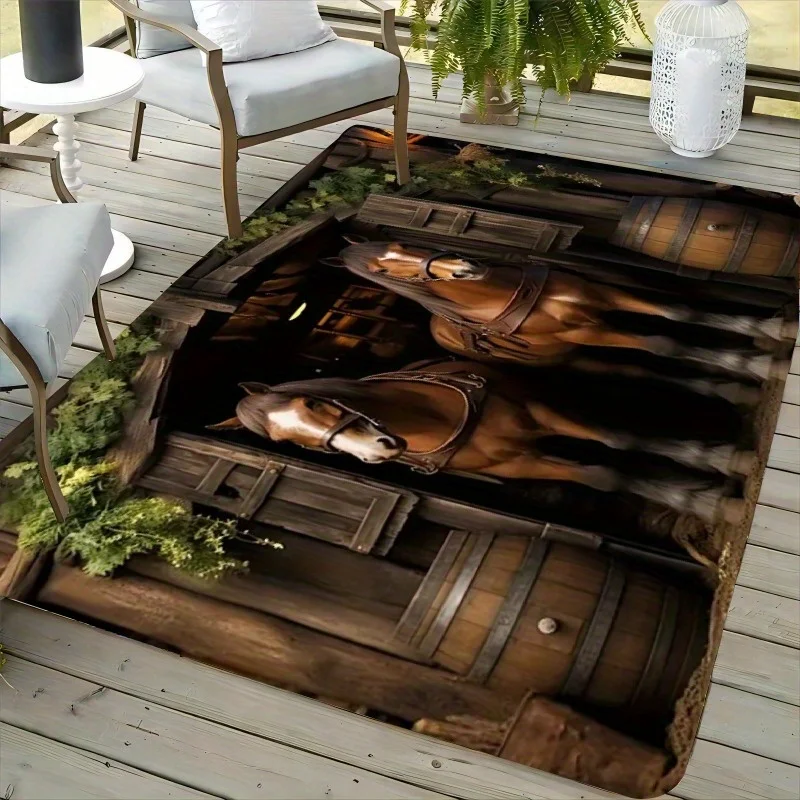 Traditional Horse Pattern Entrance Mat, Non-Slip Washable Floor Rug, Artistic Home Decor Carpet
