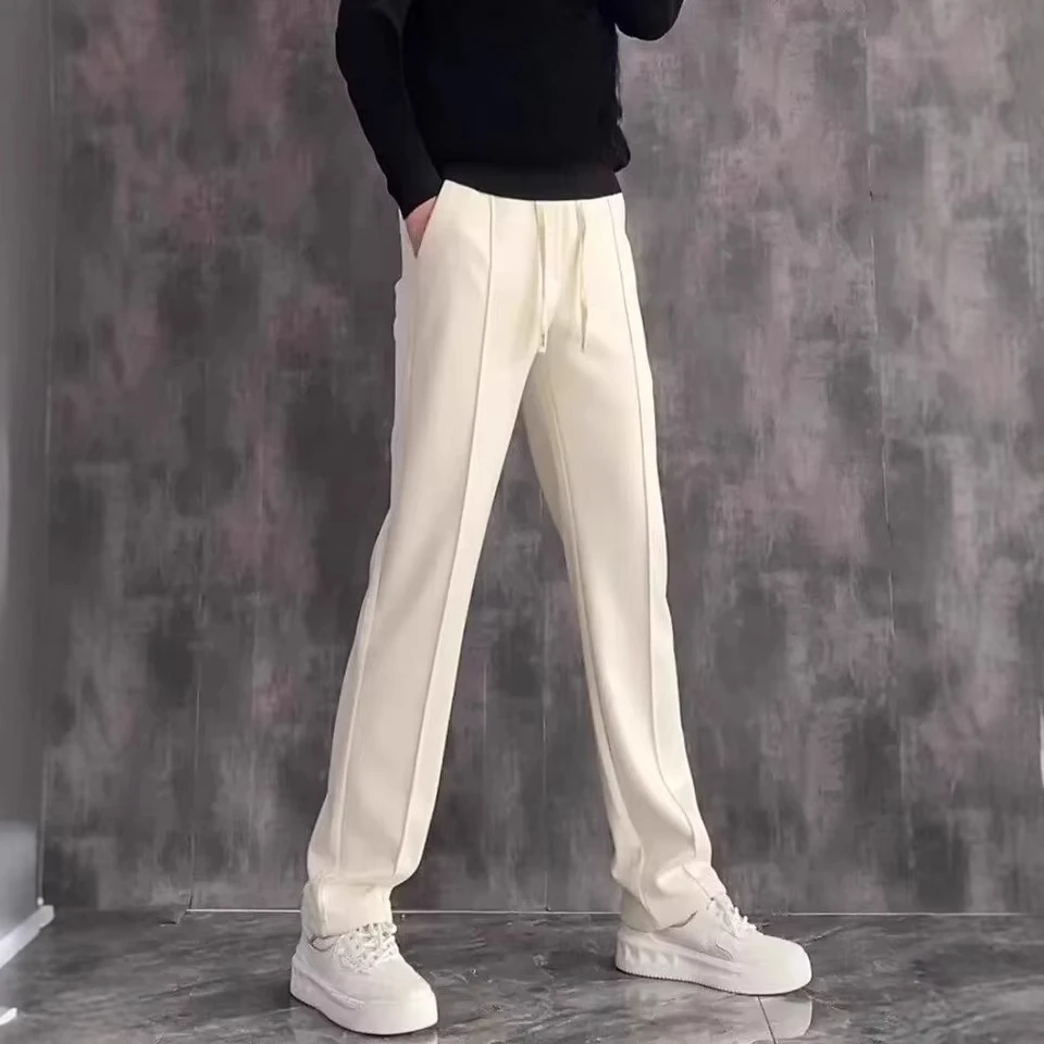2025 Spring Autumn Fashion Men's Basic Simple Casual Trendy Solid Color Straight Loose Drawstring Trousers Male Clothes Pants
