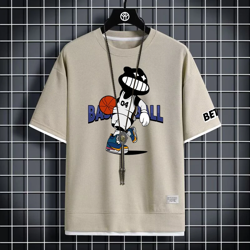 Cartoon Printed Basketball T Shirts Summer Breathable Sports Tees White Grey Green Orange Oversized T Shirt Men Clothing