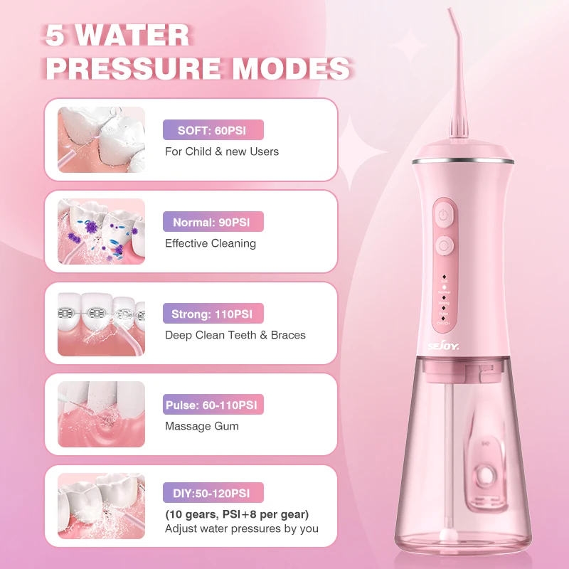 Dental Water Flosser with Replacement Tips,350ml Water Tank,5 Modes,Portable Cordless USB Oral Irrigator for Healthy Teeth,Pink