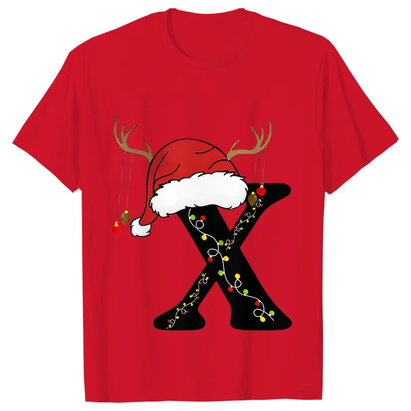 26 A~Z Christmas Alphabet Print T-Shirts Christmas Party Personality Street Christmas Lights Tee Clothing Casual Women Tops