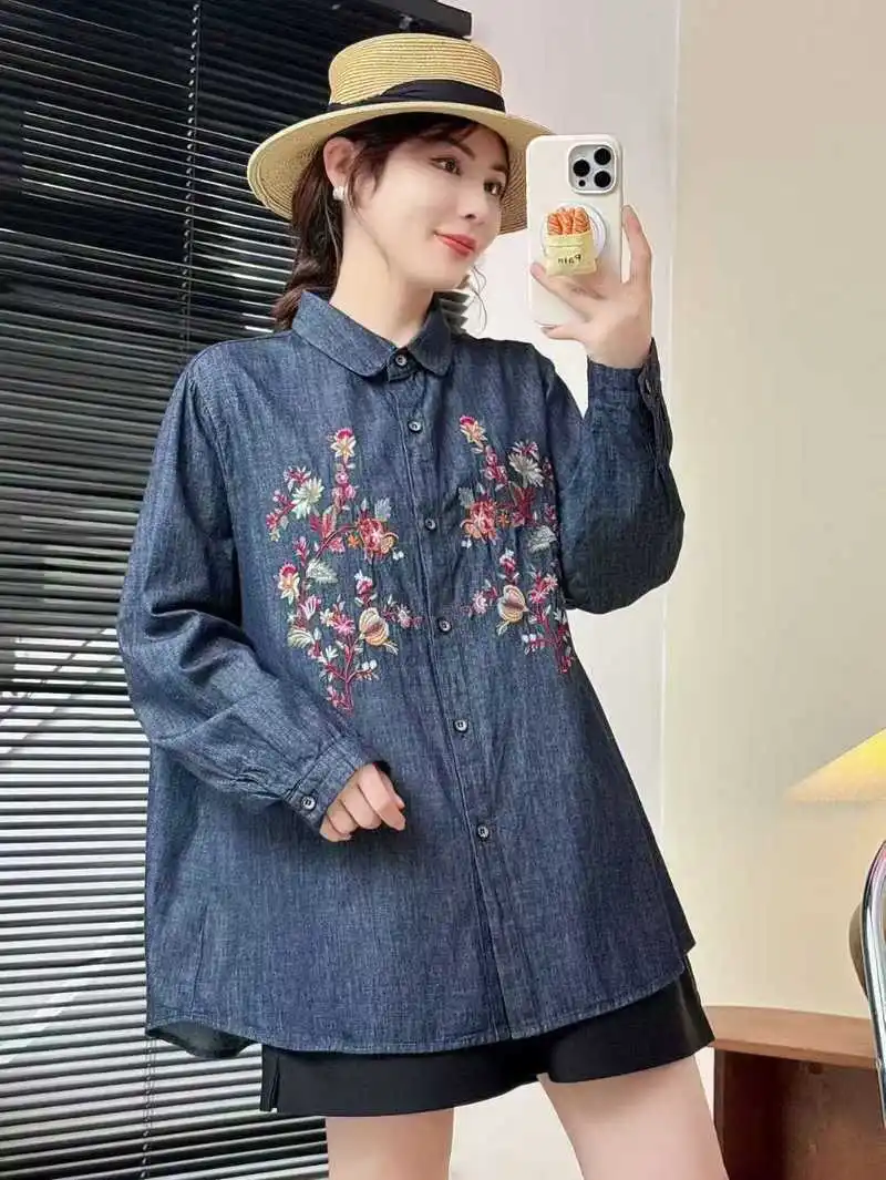 

[Ready Stock] High Quality Women Denim Blouse Shirt New Cartoon Embroidered Flower Wash Denim Long Sleeve Blue Cardigan Blouses