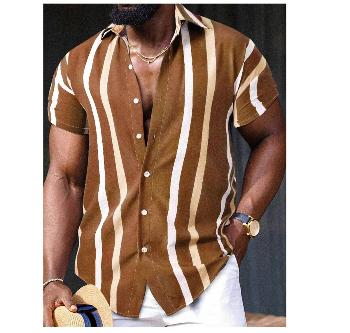 เสื้อฮาวาย2024แขนสั้นผู้ชาย, เสื้อคอเสื้อปะต่อลายทางเสื้อผ้าใส่สบายฤดูร้อนแฟชั่น