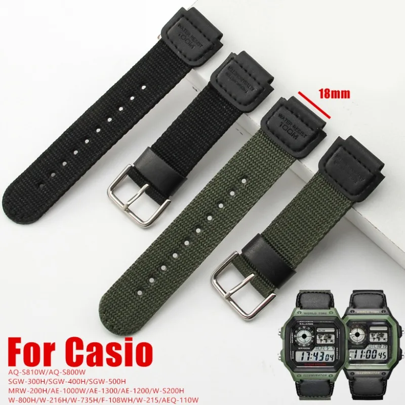 18mm Nylon Canvas Sport Watch Strap for Casio W800H Menfor Casio AE-1200WH/SGW-300/AQ-S810W/F91W Convex Men Women Bracelet Band