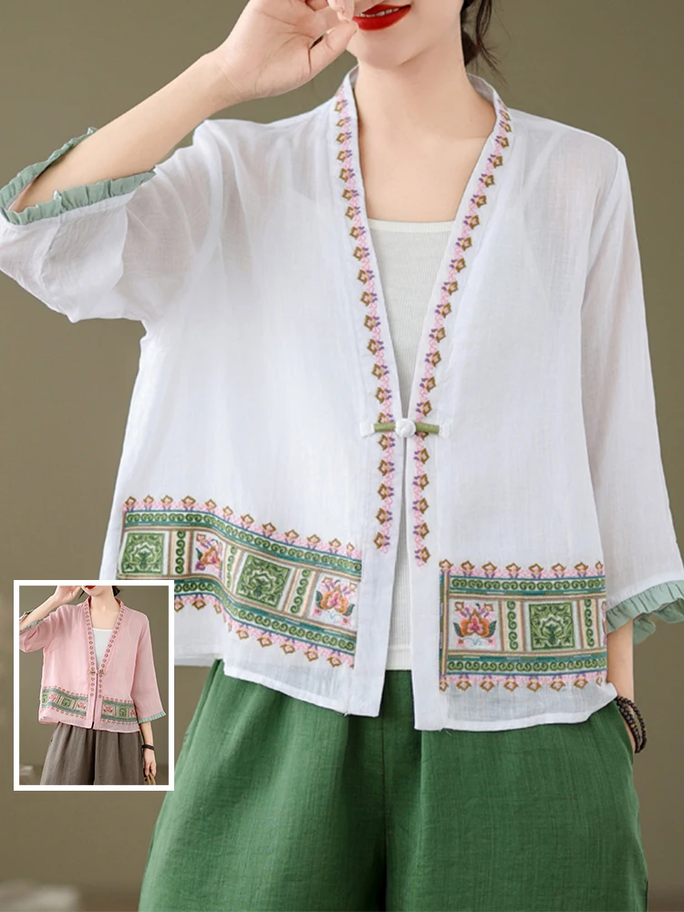 

Retro Embroidered Seven-Quarter Sve irt Casual Thin V-Ne Button-Up Women's plus Size Cotton Polyester Blend Summer Out...