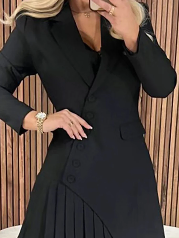 

Женское элегантное однотонное мини-платье с драпированной талией, повседневное вечернее платье с длинными рукавами и пуговицами, модное короткое платье с воротником с лацканами