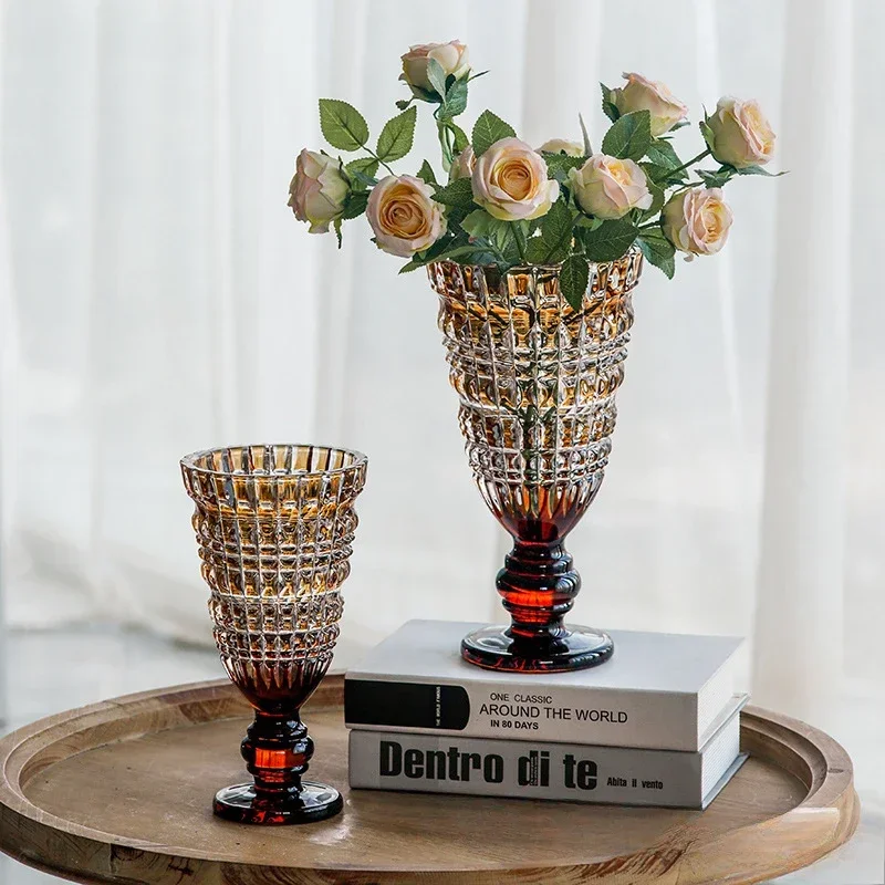 American Large-diameter Glass Vase with High-end Color High-foot Vase Hydroponic Flowers Dried Flowers Floor-standing