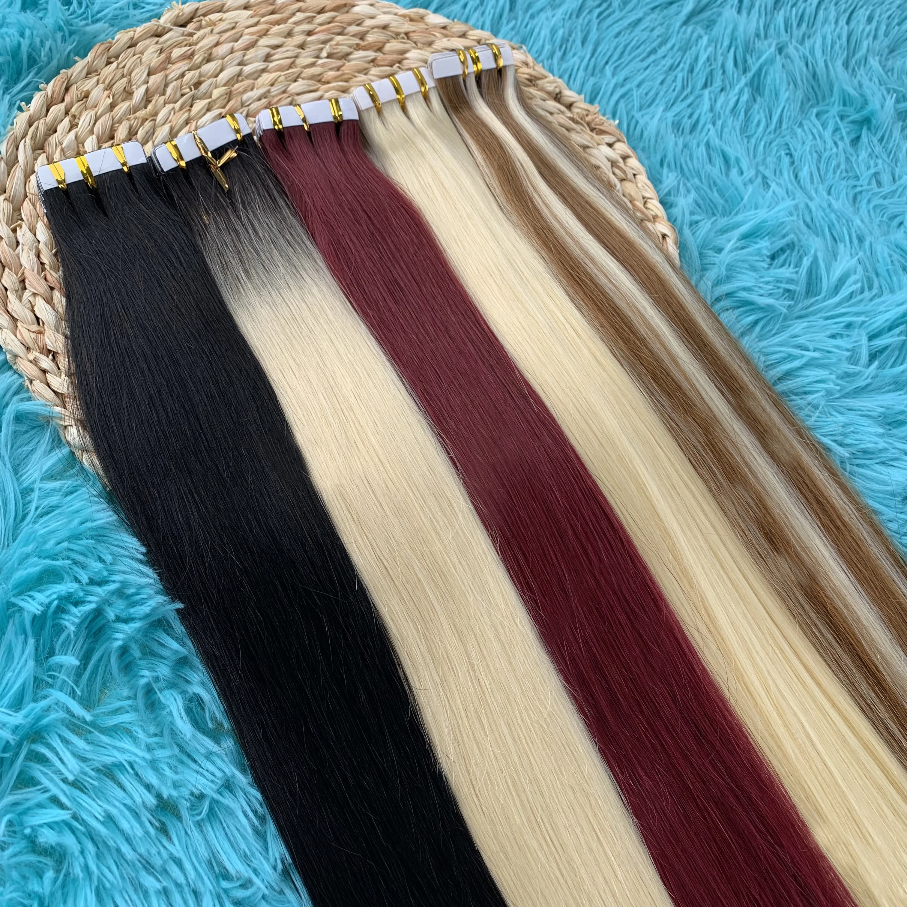 ナチュラルテープインヘアエクステンション人毛目に見えないPUテープインレミー人毛エクステンション接着剤で固定ストレートヘア18インチ # 1b 20個