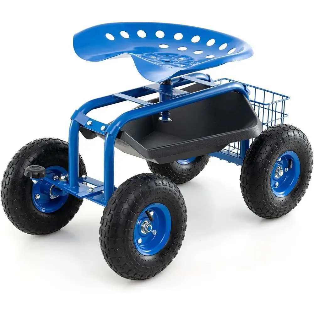 

Heavy-Duty Blue Garden Cart with 360° Swivel Seat, Storage, Basket, and Rubber Wheels for Yard Work