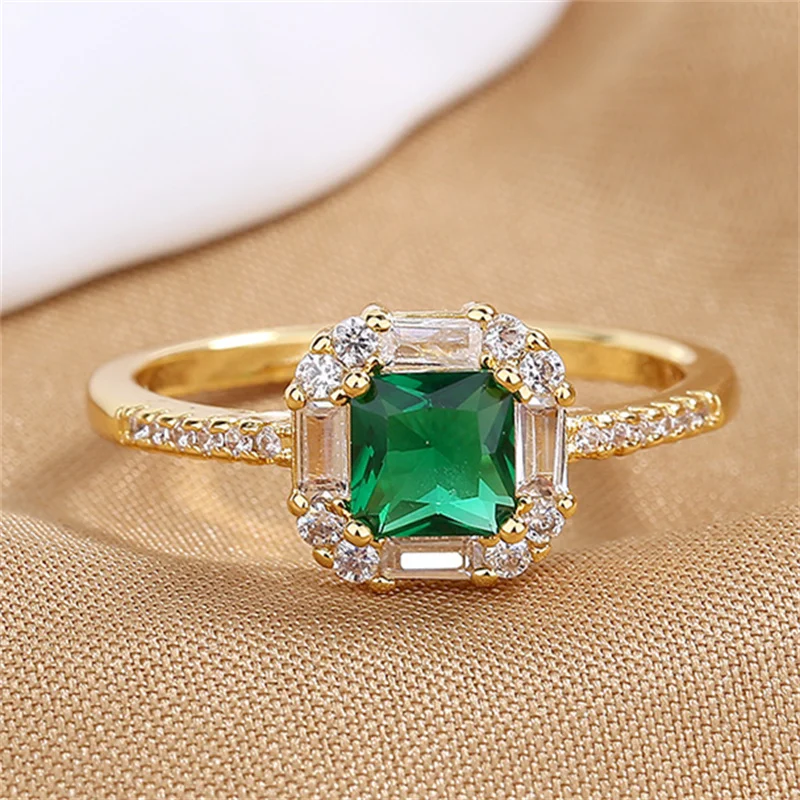 Princess Cut Green Stone Square Wedding Bands Antique Gold Color Classic Promise Engagement Rings For Women Zircon Party Jewelry