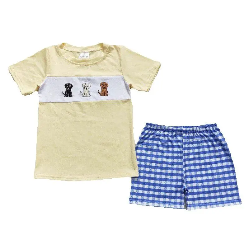 

RTS Baby Boys Dogs Cute Embroidery Cotton Toddler Short Sleeve Tee Shirts Top Checkered Shorts Summer Boutique Clothing Sets