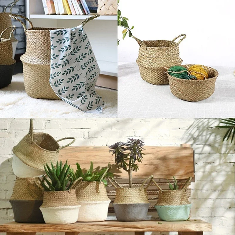 Folding Clthoes Laundry Basket Handmade Woven Storage Basket Straw Wicker Rattan Seagrass Belly Garden Flower Pot Plant Basket