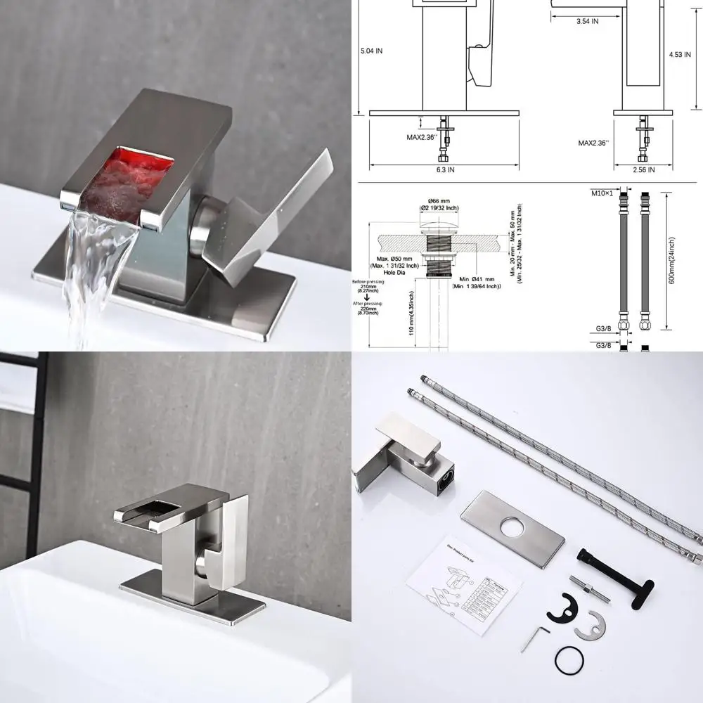 

Brushed Nickel Single Hole Waterfall Faucet with Pop-Up Drain for Bathroom Vanity Sinks