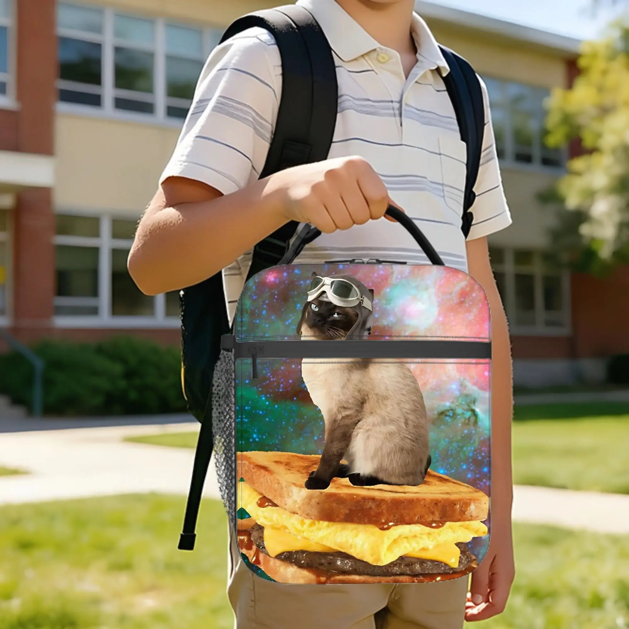 breakfast cat rider  Insulated Lunch Bag Leakproof Hamburger Space Cat Reusable Cooler Bag Tote Lunch Box Food Handbags