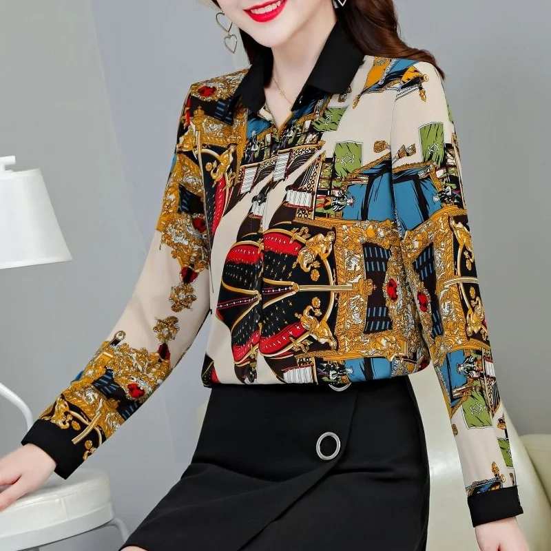 Spring Autumn New Turn-down Collar Long Sleeve Fashion Shirt Women High Street Printing Button Cardigan Elegant All-match Tops