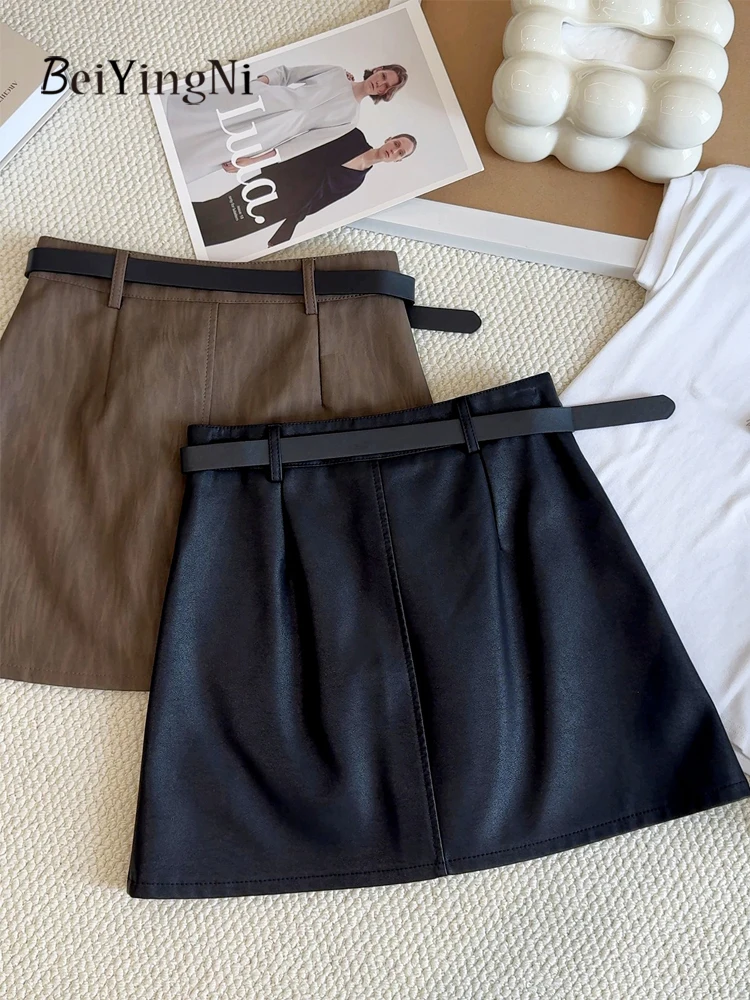 Beiyingni Vintage Spódnica w kształcie litery A z wysokim stanem, damska spódniczka mini ze skóry PU z paskiem, streetwear, z podszewką, wiosna-jesień 2025, Faldas