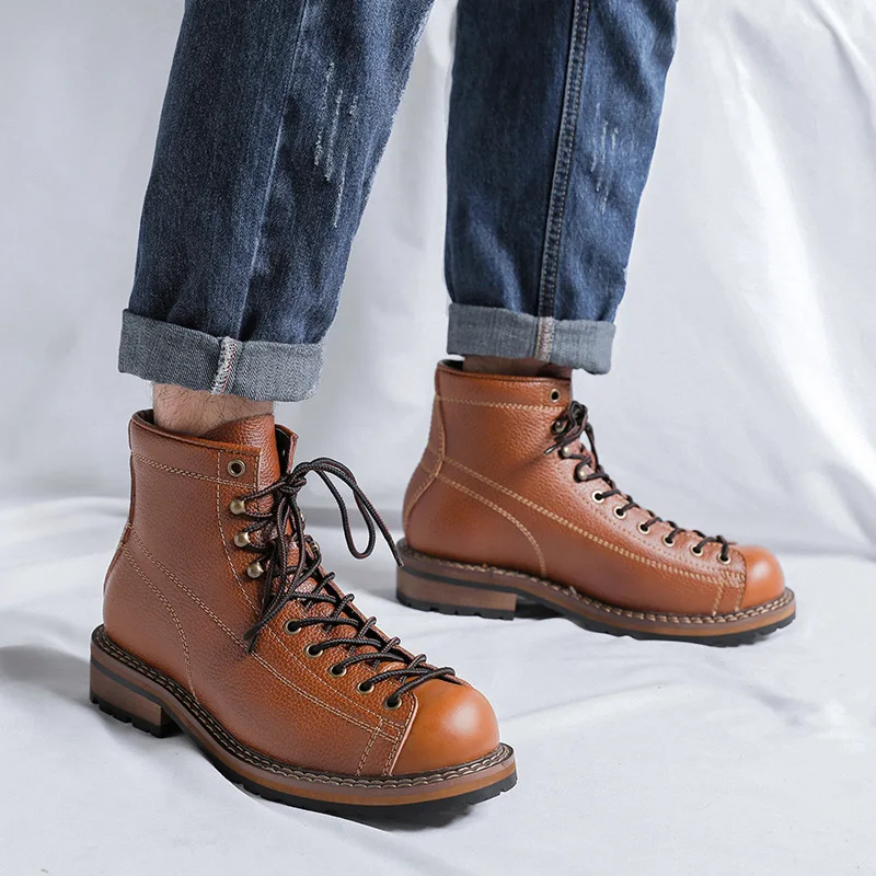 Botas de cuero genuino para hombre, zapatos de trabajo Vintage de alta calidad, estilo británico, zapatos de plataforma de primavera