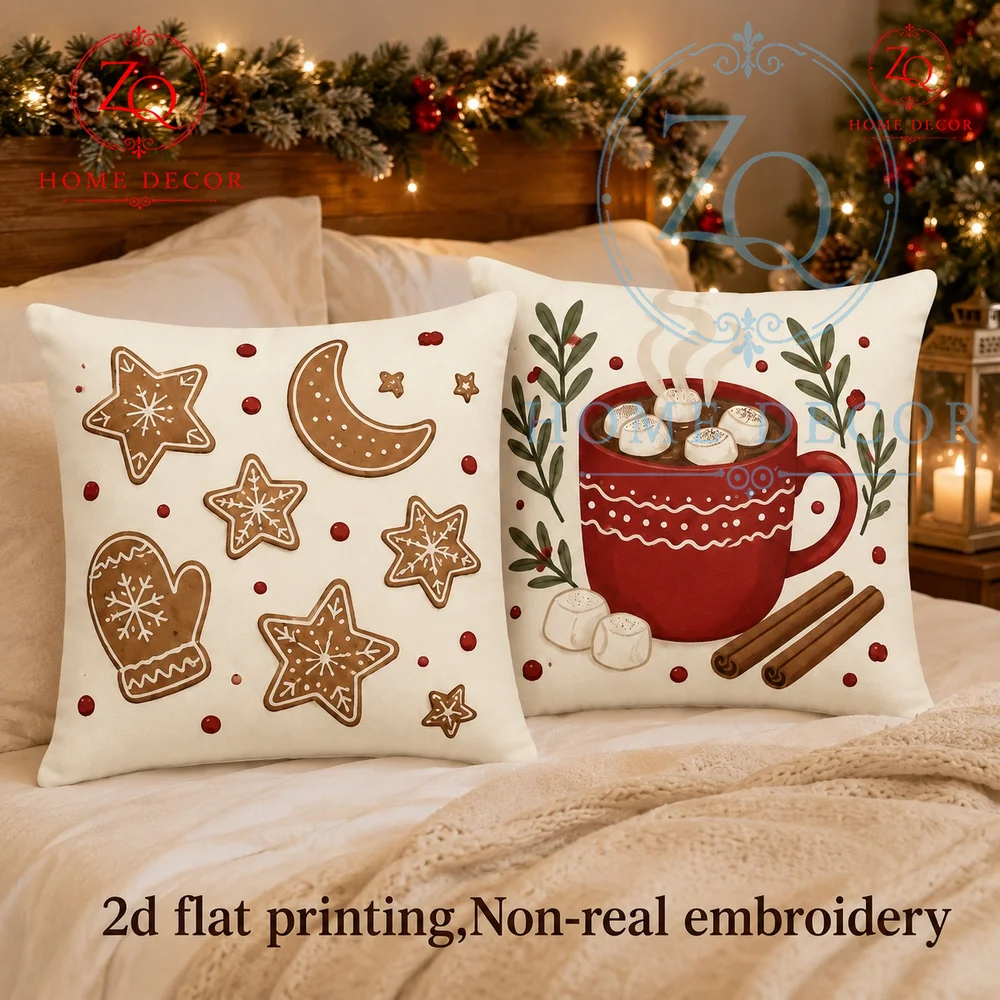 Cozy Christmas Gingerbread  Hot Cocoa Throw Pillow Covers 2D Flat Printed Winter Holiday Cushion Cases for Sofa Couch Bed