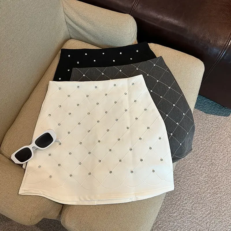 Black White Grey Mini Skirts Vintage Heavy Industry Diamond Studded  Women Faldas Mujer Y2k High Waist Slim Autumn Club