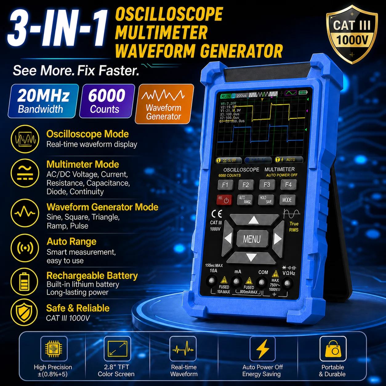 3-in-1 Handheld Digital Oscilloscope Multimeter Signal Generator 3.5