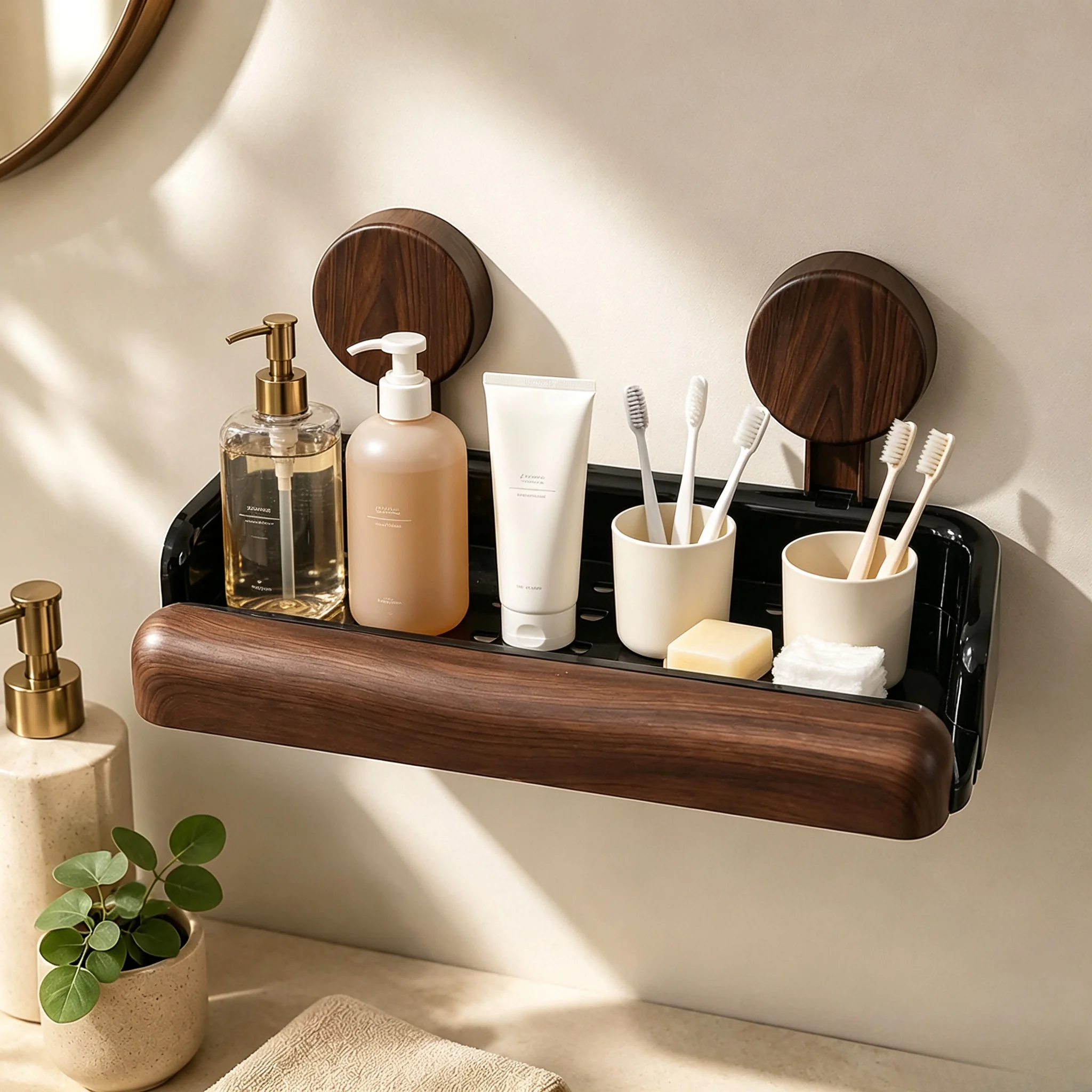 Punch-Free Wall Storage Rack for Bathroom, No Drill Shower Shelf, Wood Grain Bathroom Organizer for Cosmetics & Toiletries