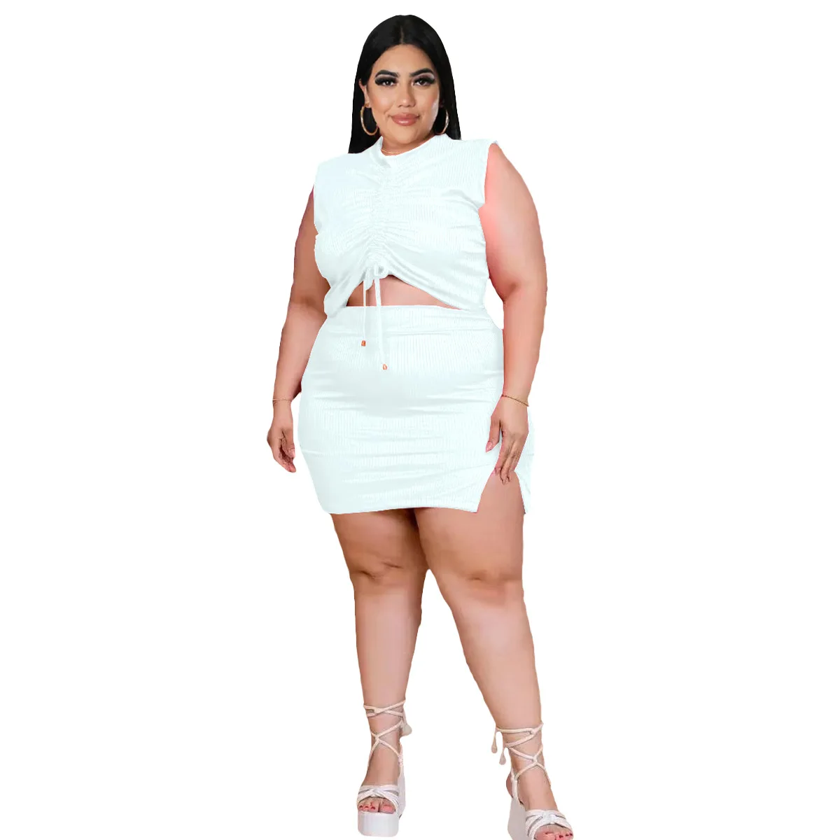 L-5XL Plus Size Matching Sets Summer 2023 African Women Clothing Solid Sleeveless Pleated Rab Bodycon Sexy Skirt Two Piece Suits