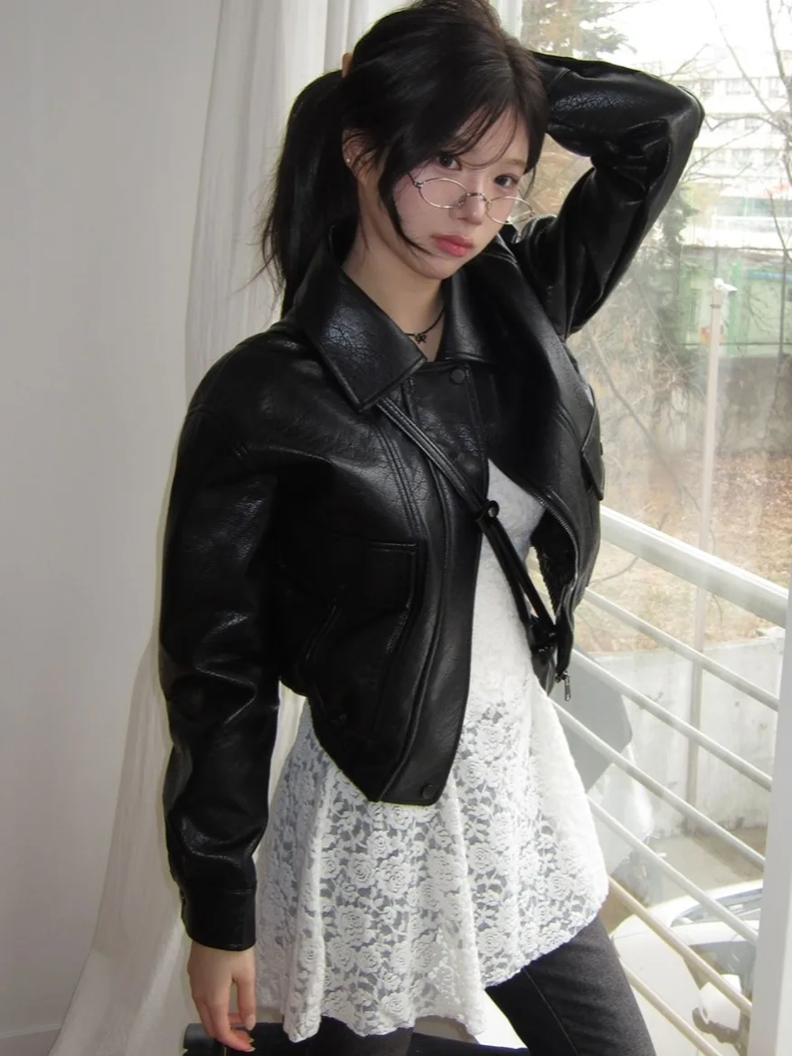Slimming Motorcycle Style Collared PU Leather Jacket Women's Fashionable Black Short Outerwear Korean Style Autumn Winter