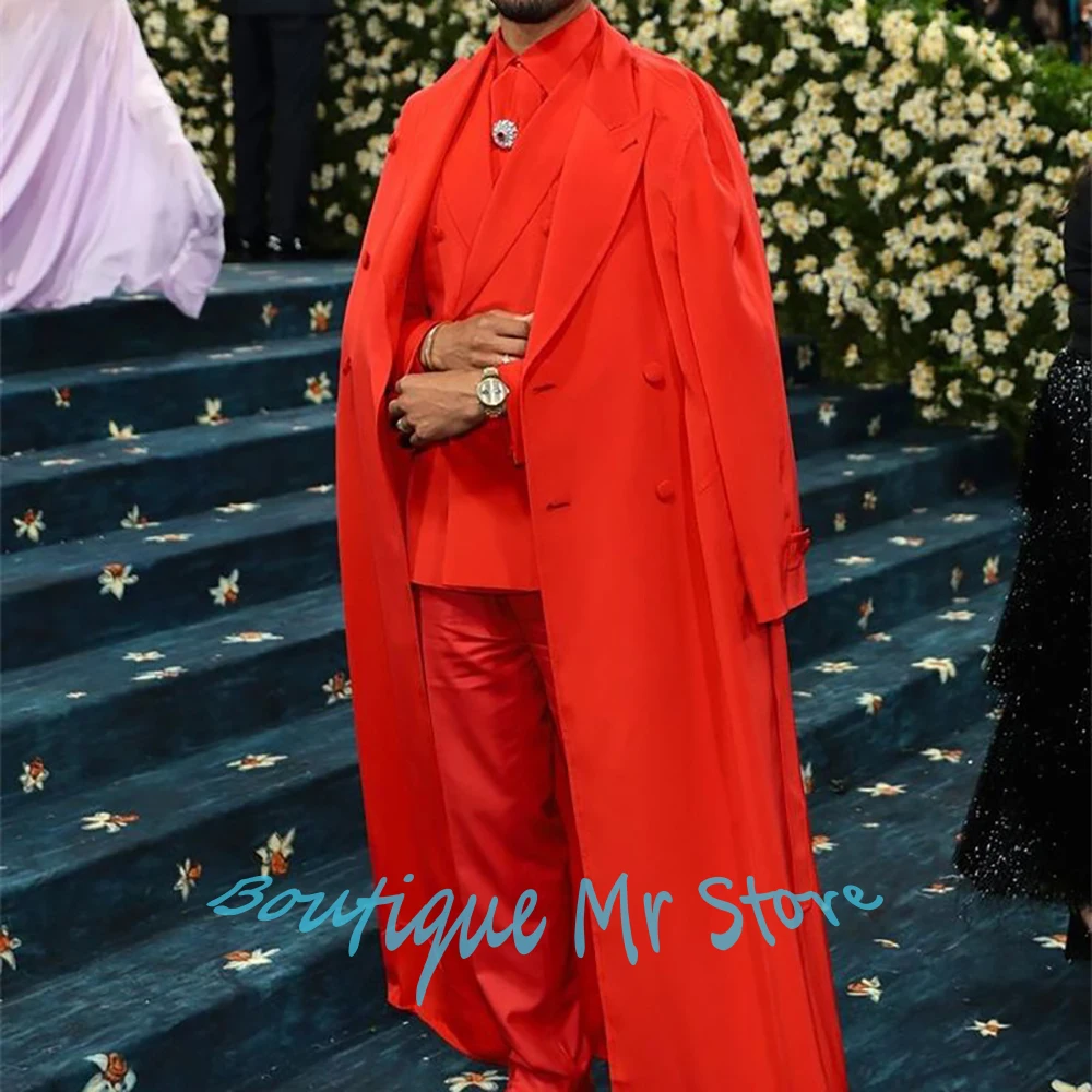 بدلات رجالية رائعة حمراء مزدوجة الصدر 3 قطع (معطف طويل + سترة + بنطلون) مجموعة ملابس رسمية فاخرة للمناسبات الراقية