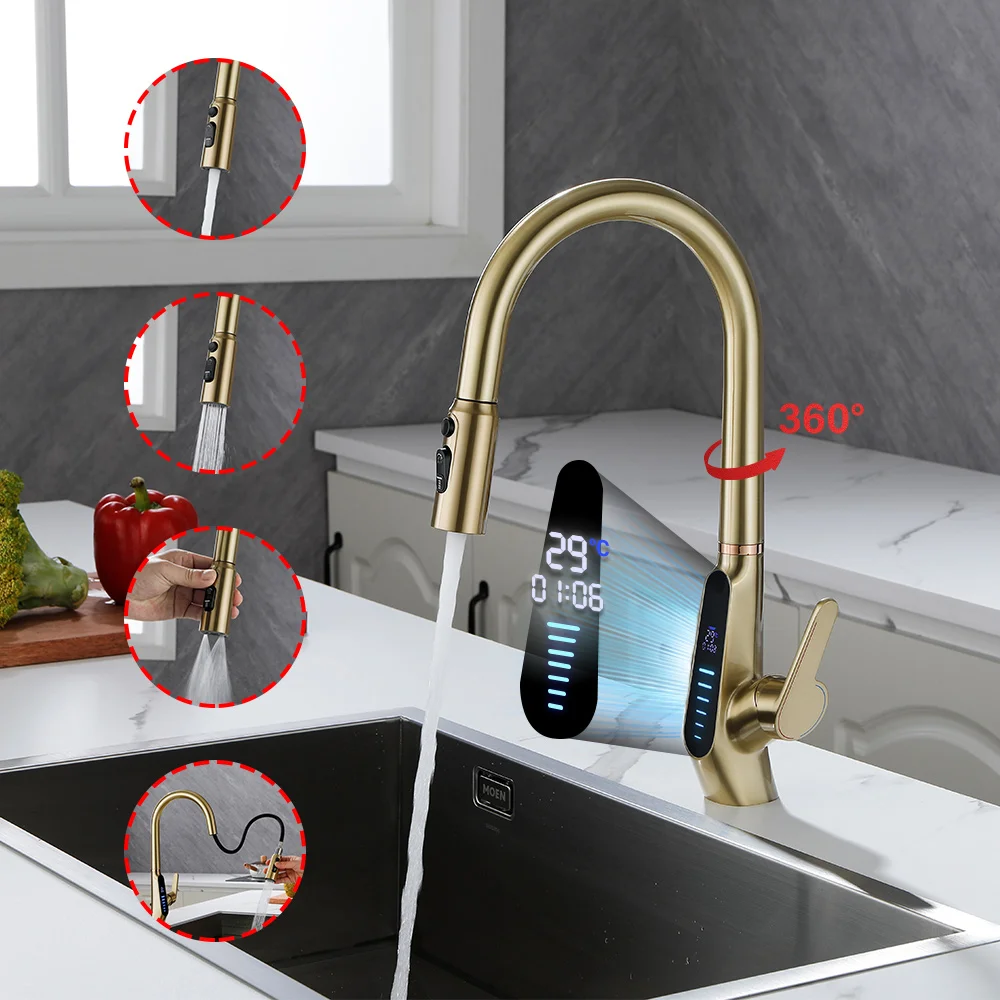 Luxury Brushed Gold Kitchen Sink Faucet Temperature Display Kitchen Faucet Pull Down 3 Mode Spray Swivel Kitchen Mixer Water Tap