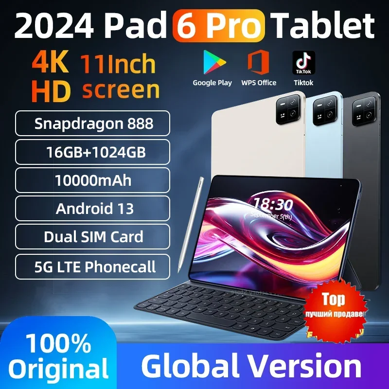 

2024 Оригинальный планшет HD 4K Pad 6 Pro, планшетный ПК на базе Android 13, 11 дюймов, Snapdragon 888, 16 ГБ + 1024 ГБ, 10000 мАч, телефон с Wi-Fi, ПК Mi