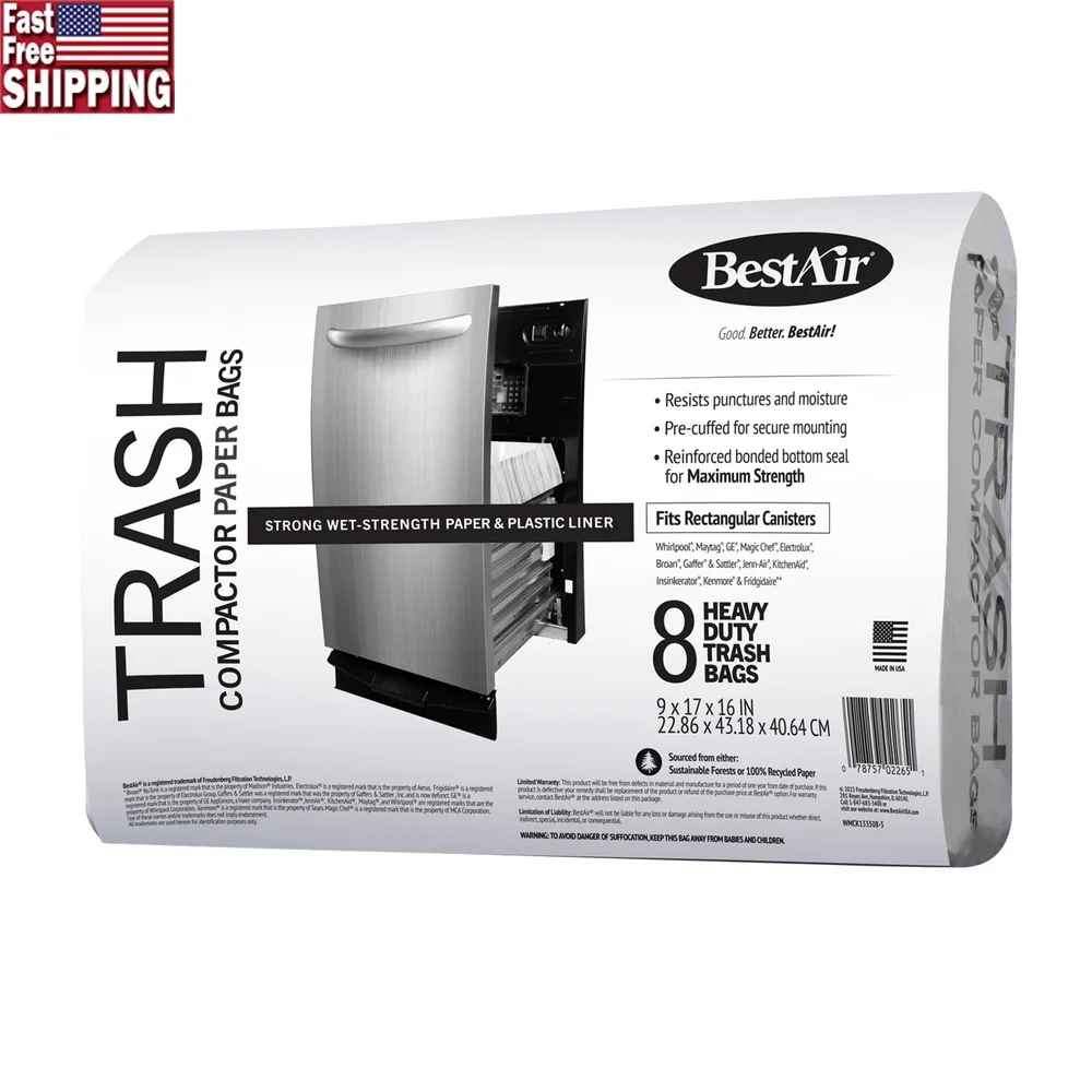 

Heavy Duty Paper Trash Compactor Bags Pre-Cuffed 10 Gallon Leak-Proof Tear-Resistant 8 Count Home Office Use