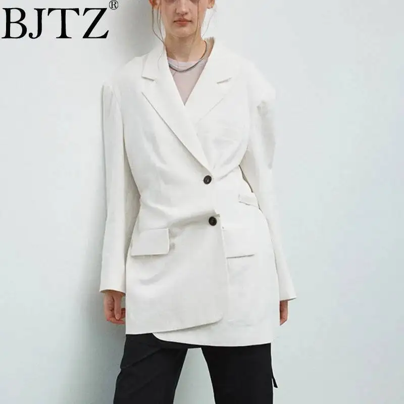 

BJTZ All-in-one Solid Color 2025 Spring Fall New Casual Lapel Ramen Cotton Wide Shoulder Detachable Tie Women's Long Suit Jacket