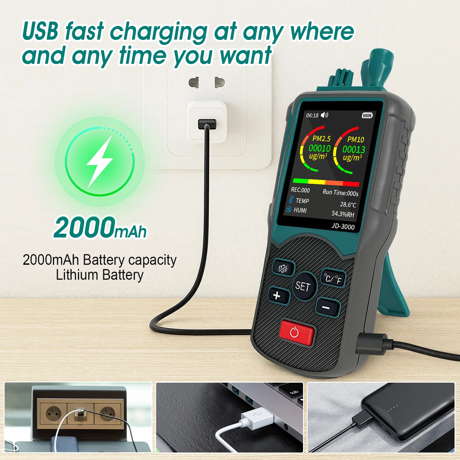 JD‑3000 Handheld Dust Particle Counter PM2.5 PM10 Detector 0.3‑10μm Particle Size Tester Clean Room Air Quality Analyzer
