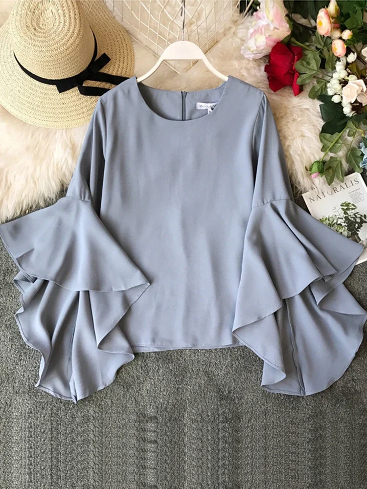 Spring Summer Women's Long-sleeved Shirt Solid Color Flare Sleeve Shirt Tide O-Neck Lotus Leaf Loose Shirt Tops Women GD475