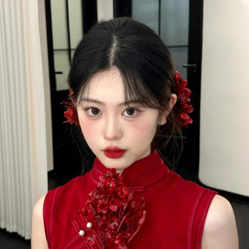 สีแดงอุปกรณ์เสริมผมงานแต่งงาน Barrettes ผ้า Rose ดอกไม้ Hairpin Duckbill คลิป Toast ชุด Headdress ดอกไม้ Headwear