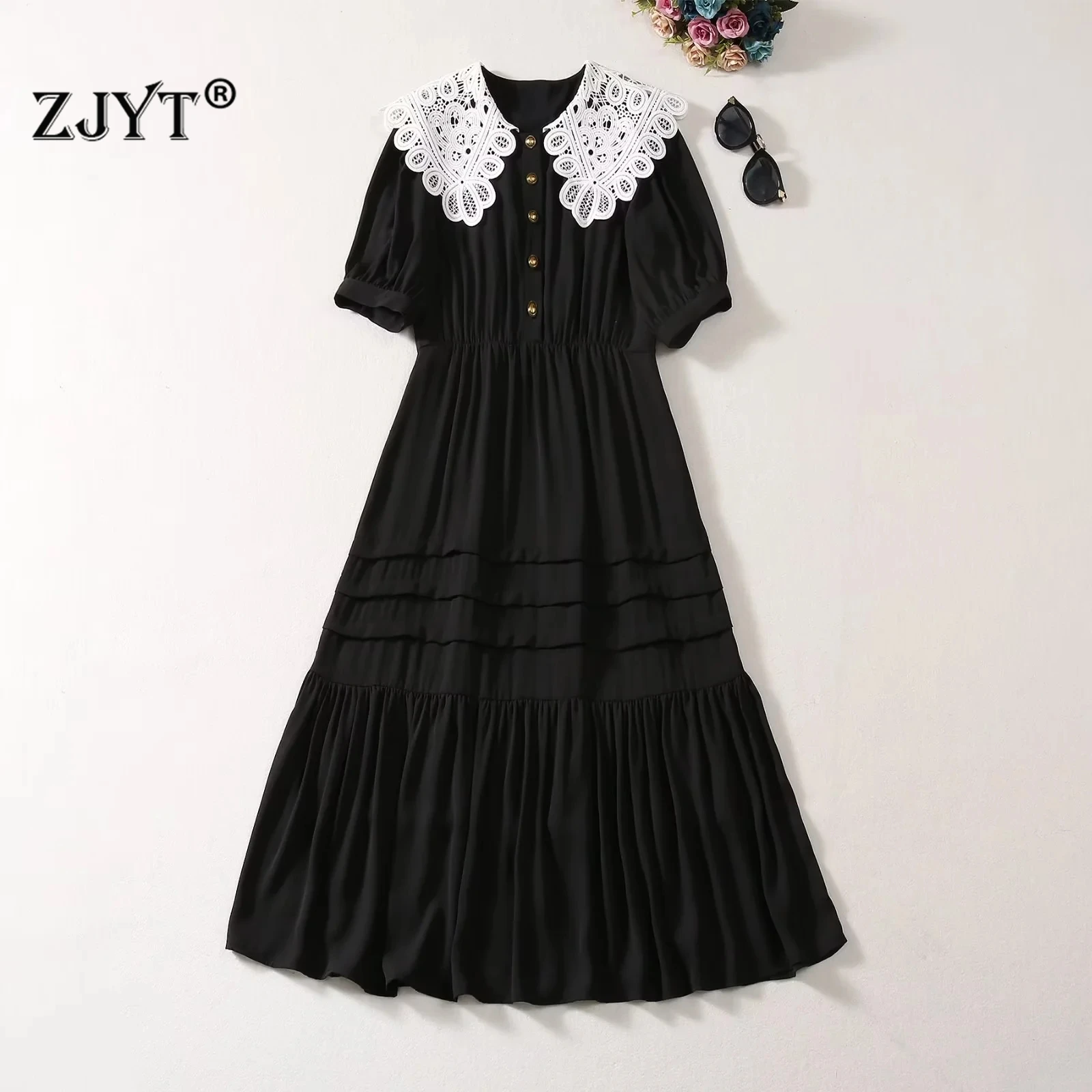 

ZJYT New 2024 Runway Fashion Women's Summer Dress Black Short Sleeve Lace Peter Pan Collar Casual Dresses Female Vestidos