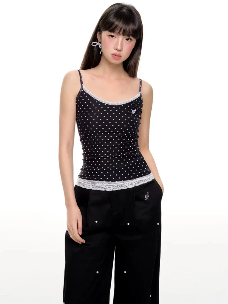 HOUZHOU Kawaii Sweet Lace Tanks Women Korean Fashion Y2k Harajuku Streetwear Polka Dot Printing Slim Tees Tops Soft Gril 2024