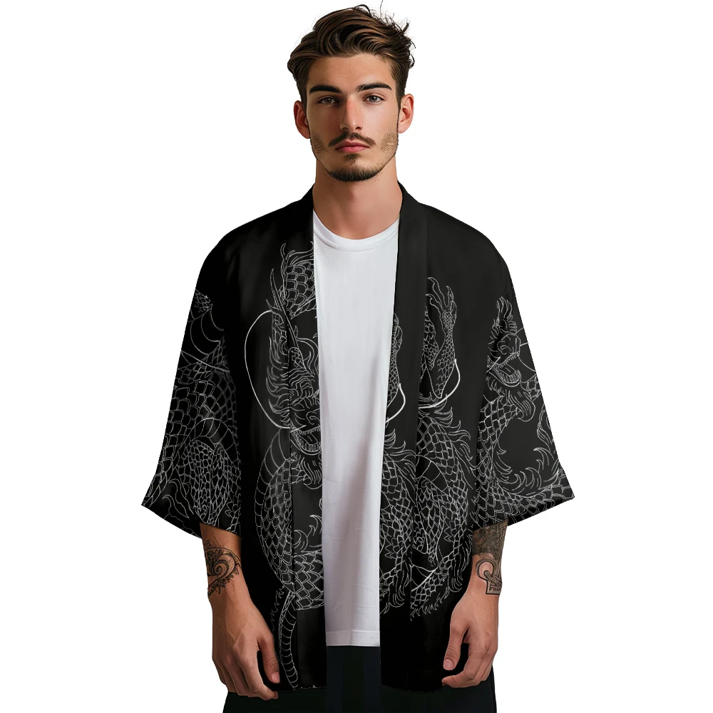 Summer Kimono Men Hawaiian Shirt Beach Cardigan Dragon Kimono Streetwear Women Yukata Japanese Clothes Bathrobes Simple Haori