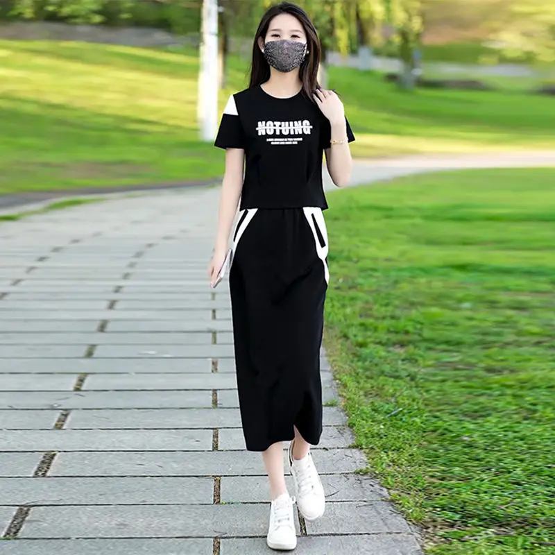 Women\'s Two Piece Set Short Sleeve Lightly Cooked Slit Skirt Luxury Designer Clothing Y2k Clothes Top and Bottom Female Outfits