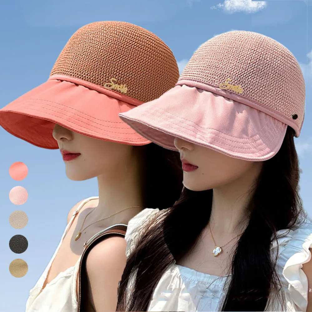 

Fisherman Hat Bucket Hat Grass Woven Sunscreen Hat UV Protection Wide Brim Sun Cap Ponytail Women Foldable Summer Baseball Cap